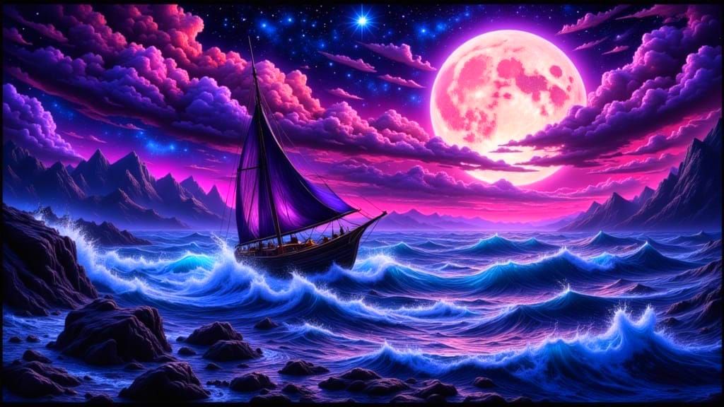 Stormy Purple Seascape with Tattered Sailboat Under Luminous...