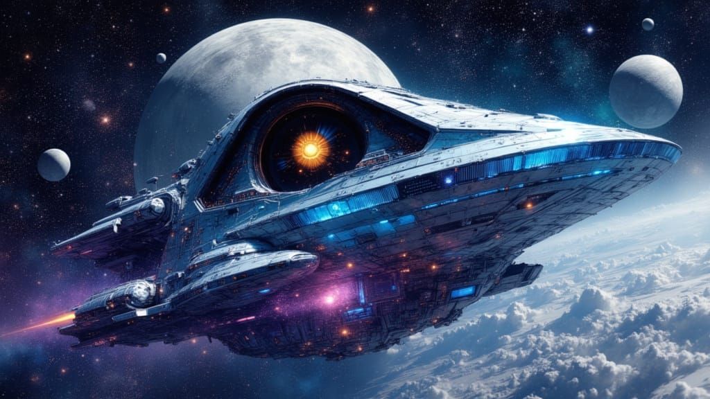 Starship with Electronic Eye Cruises Past Ringed Planet