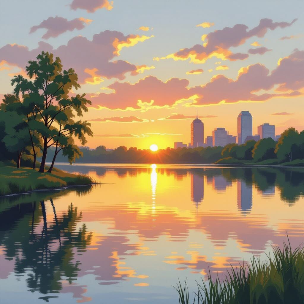 Harmonious Life Scene: Sunset Lake and Cityscape