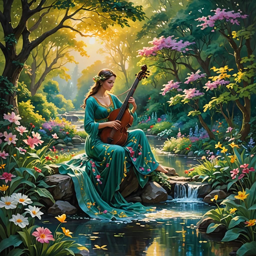 Serene Garden at Dawn Painting with Harpist