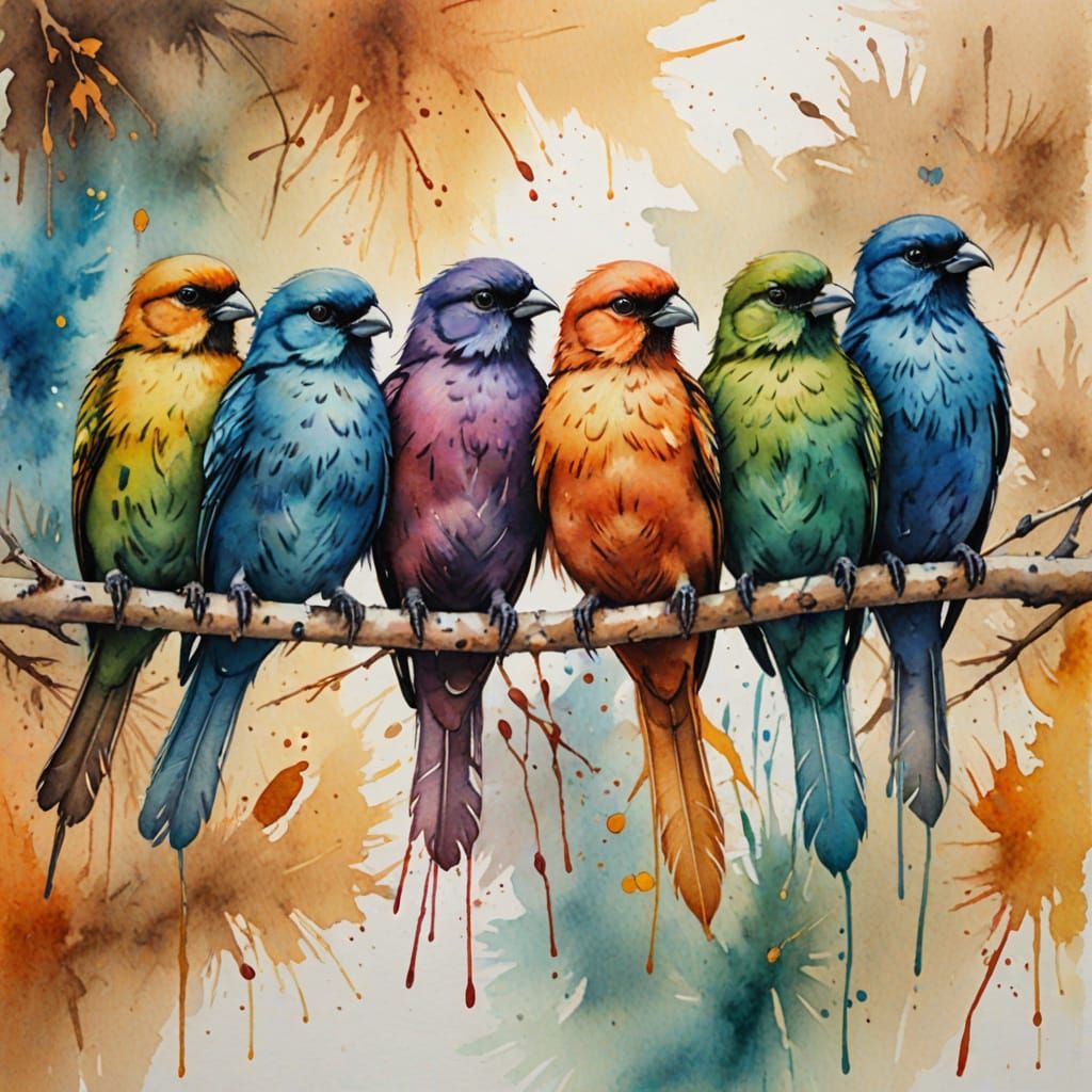 Colorful Birds on Branch in Watercolor Style