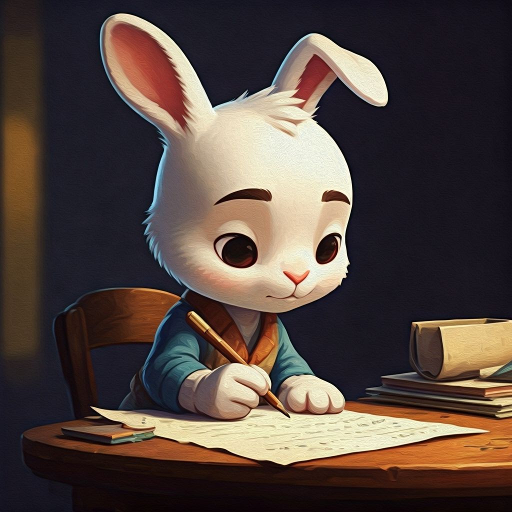 Chibi Rabbit Novelist Writing Epic Scene in Gouache Style