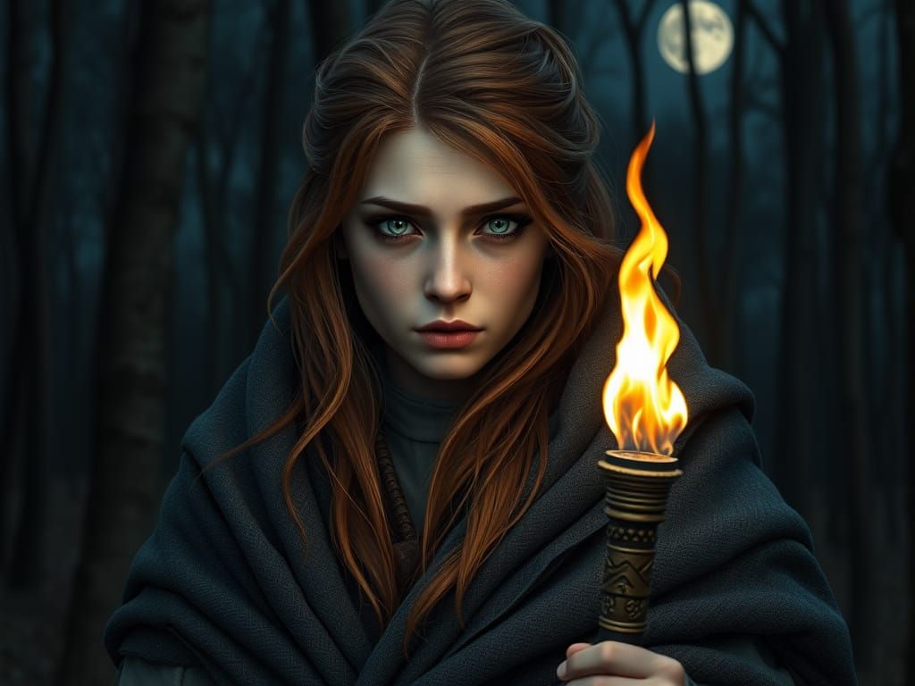 Medieval Woman Under Moonlight in Woods