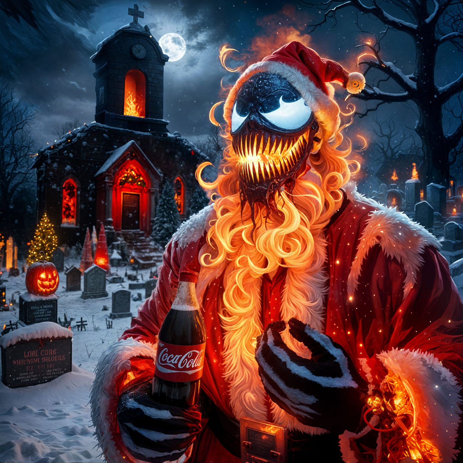 an image of venom_skull_on_fire dressed of santa in a mix fest of christmas and halloween drinking coca-cola at cementer...