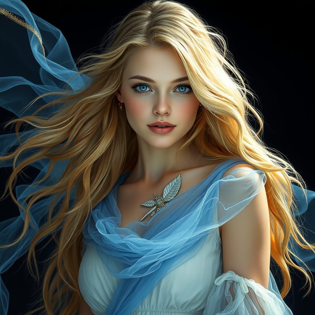 Ethereal Art Nouveau Goddess in Golden Locks and Flowing Gow...