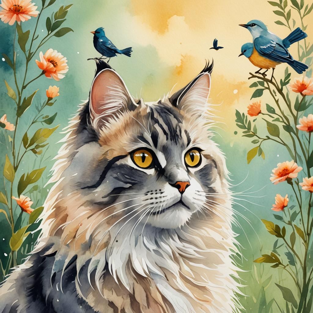 Fluffy Cat and Bird: Whimsical Gouache Illustration