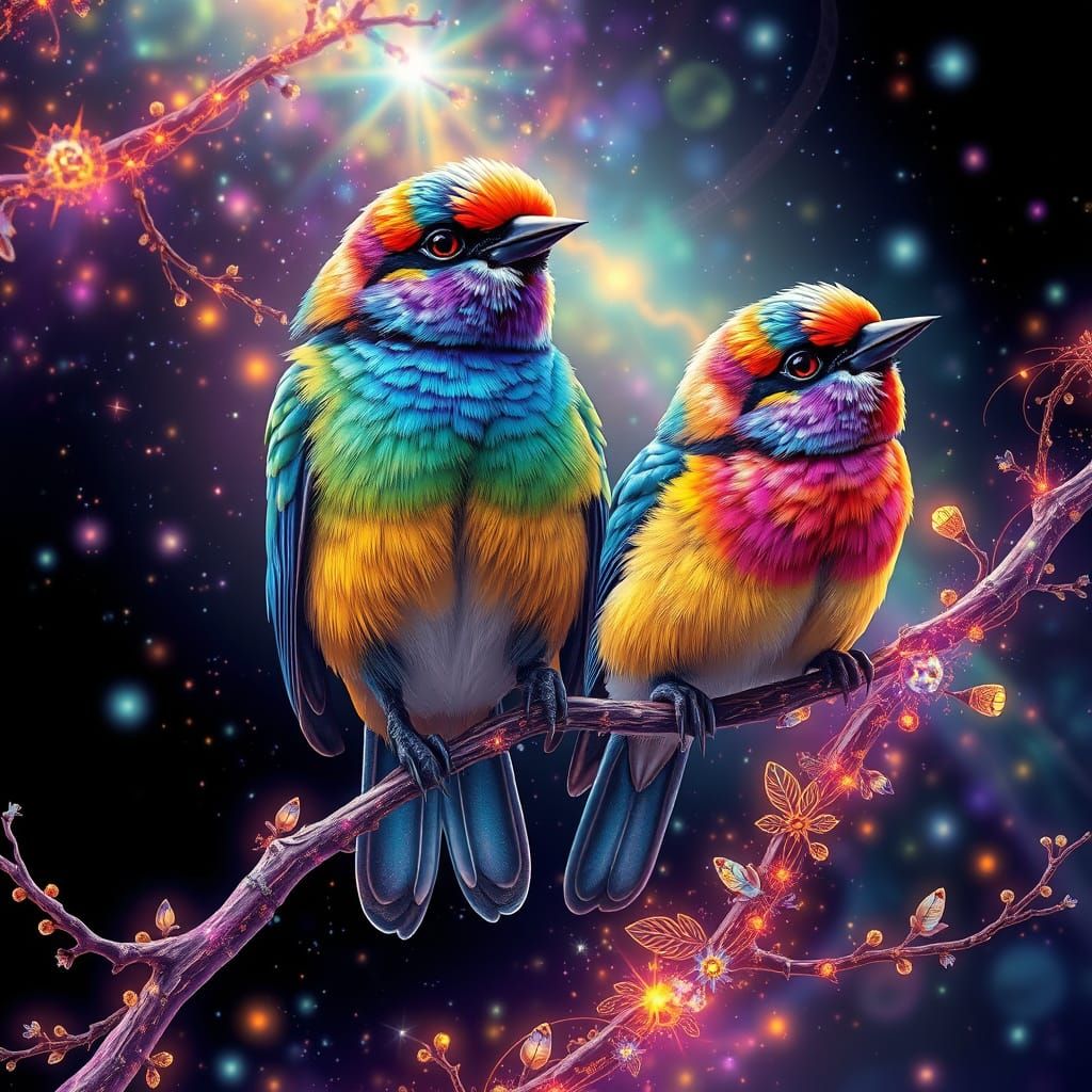 Vibrant Birds on Ethereal Branches in Astral Style