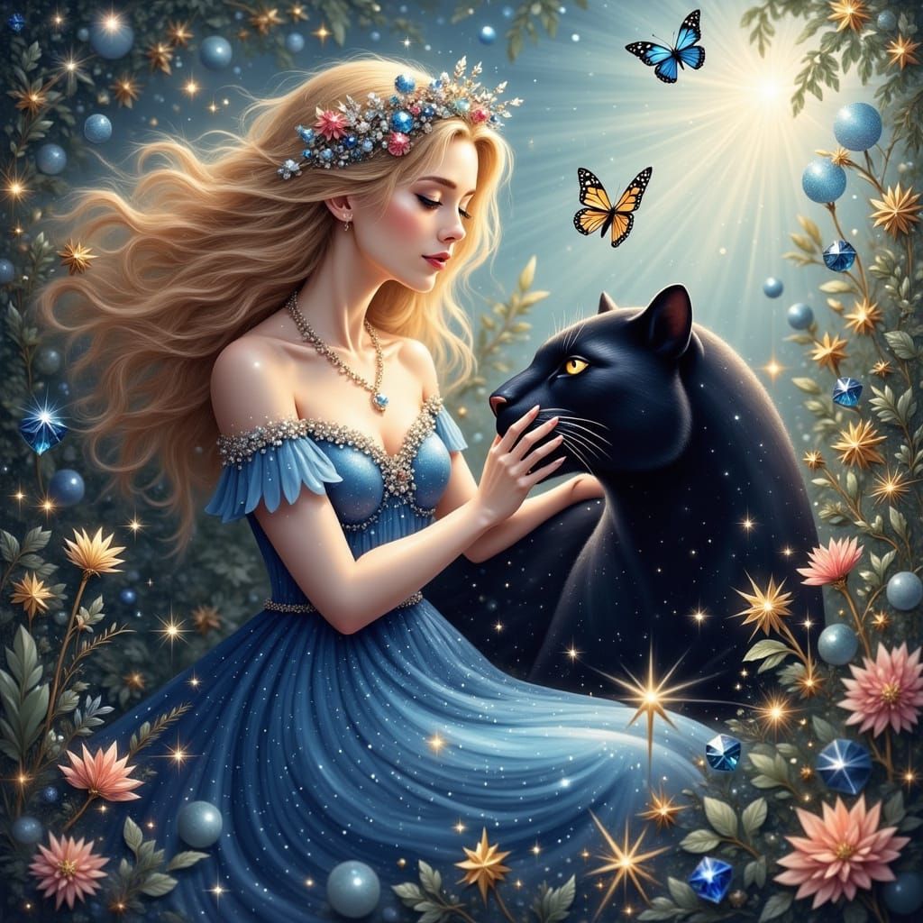 Fairytale Portrait of Woman and Panther in Floral Garden