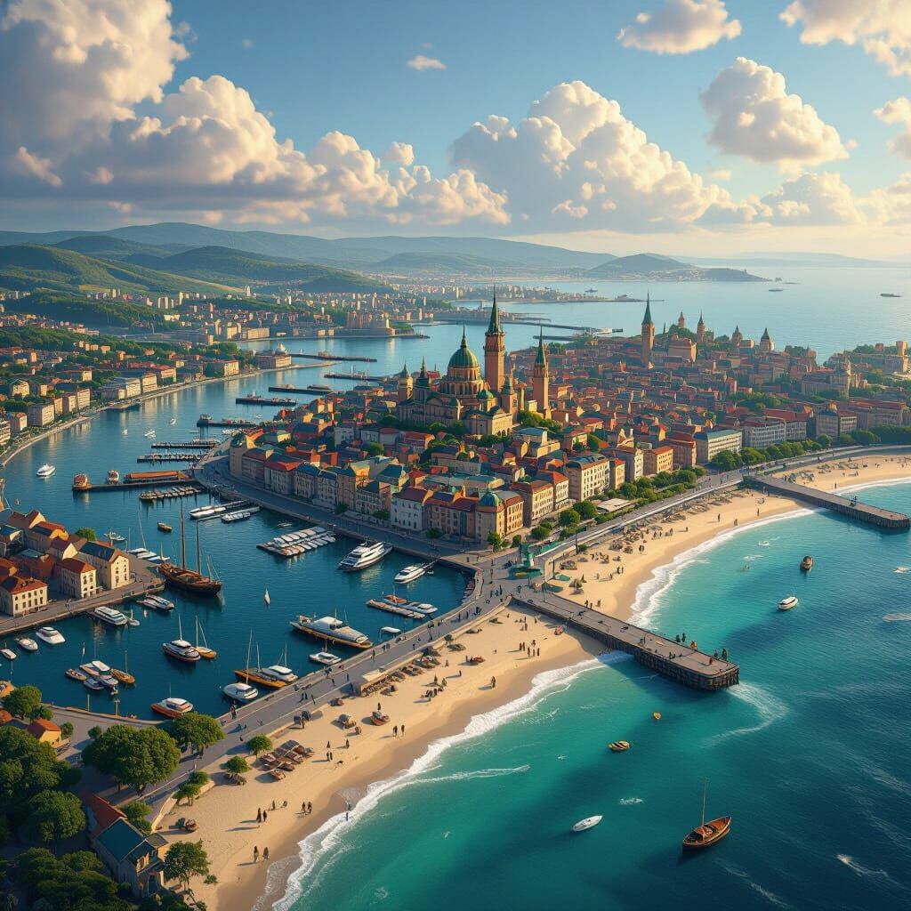 Coastal City with Harbor and Beach, Northern European Archit...