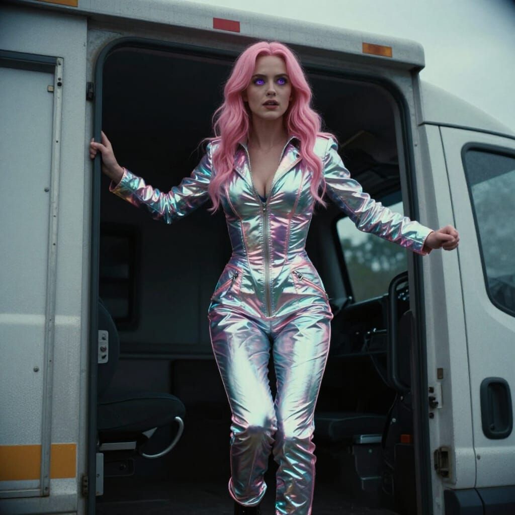 Pink Haired Woman Jumps From Tow Truck - Cinematic Still