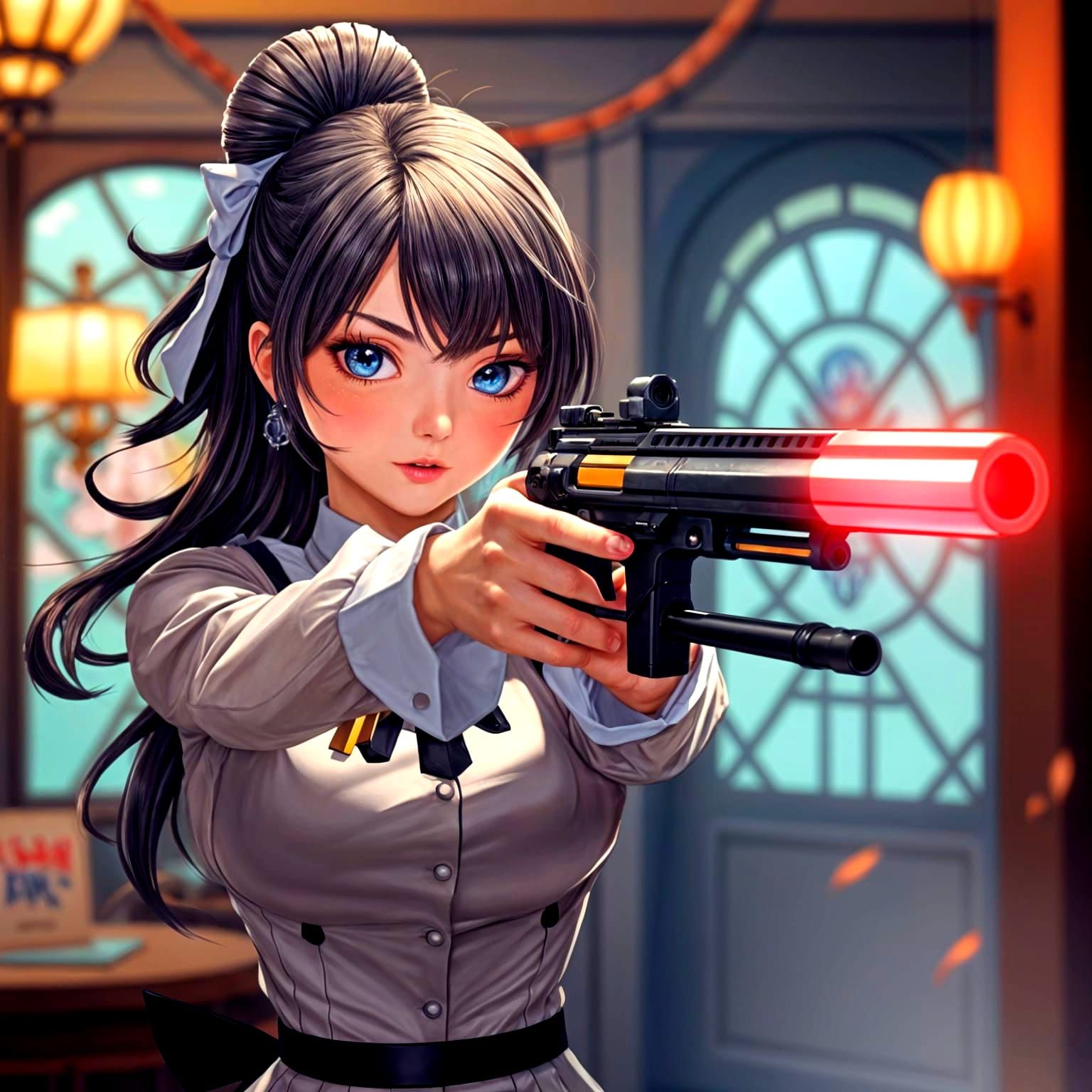 Anime Lady Aiming Gun, Cel-Shaded Style