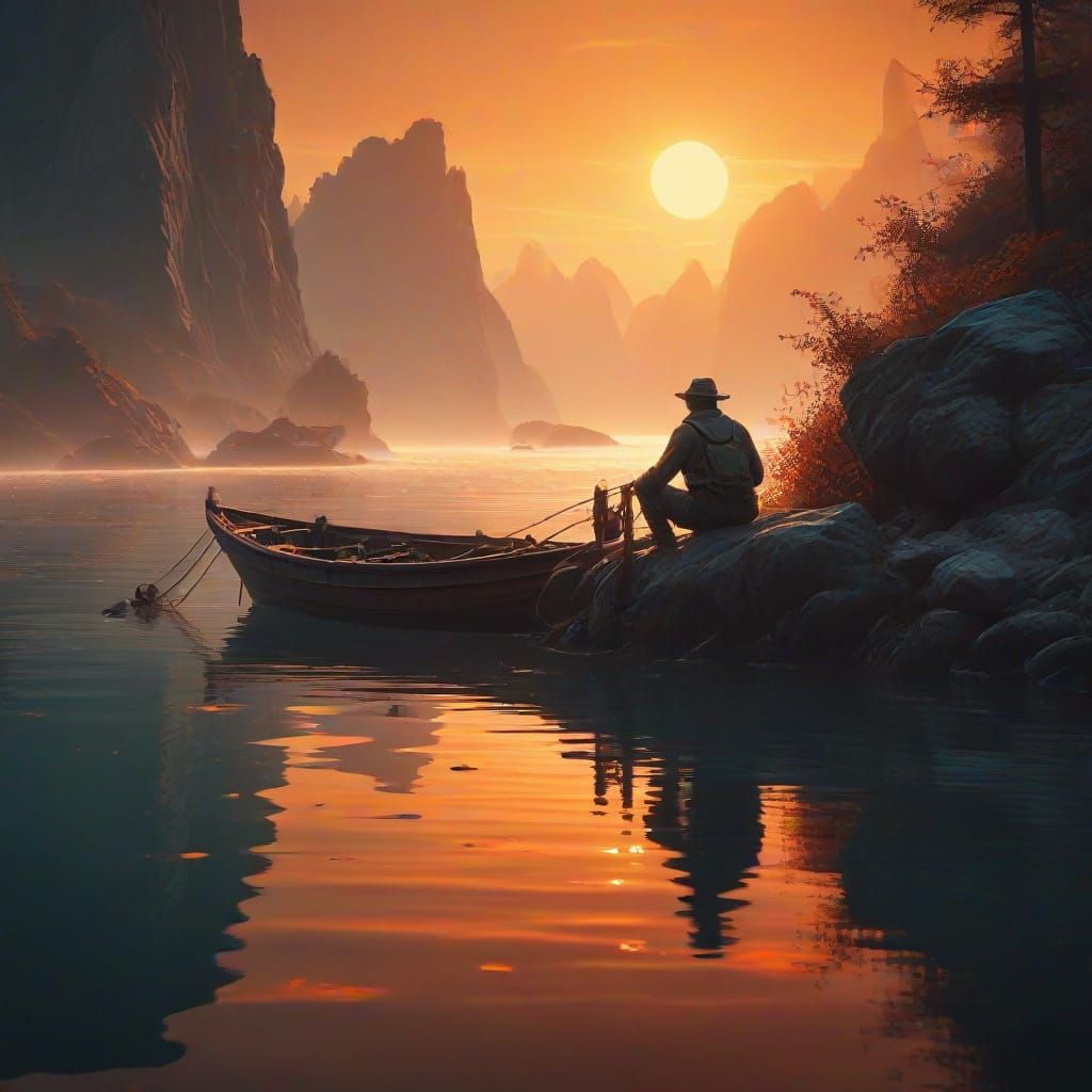 Golden Hour Fisherman in Dreamlike Oil Painting