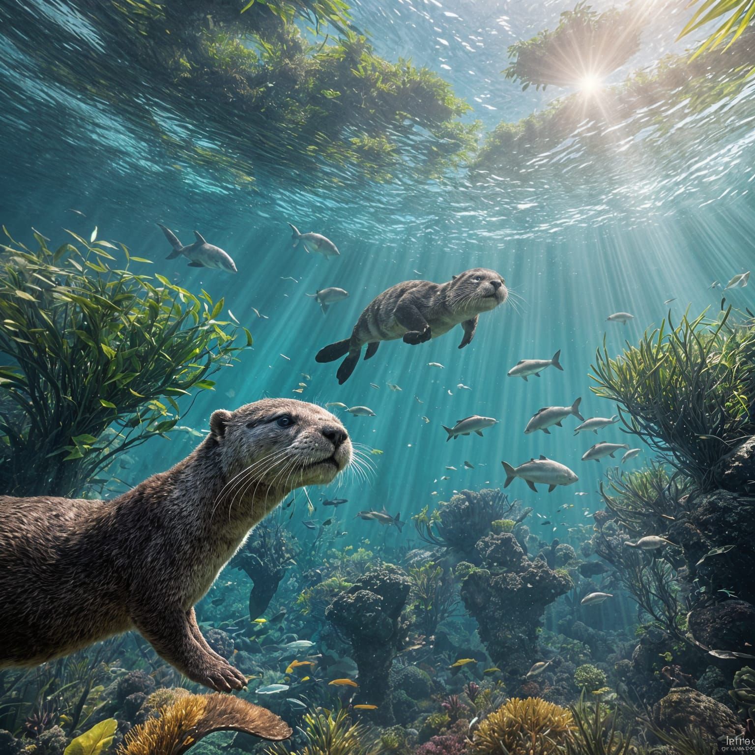Playful Otter in Tropical Underwater Seascape