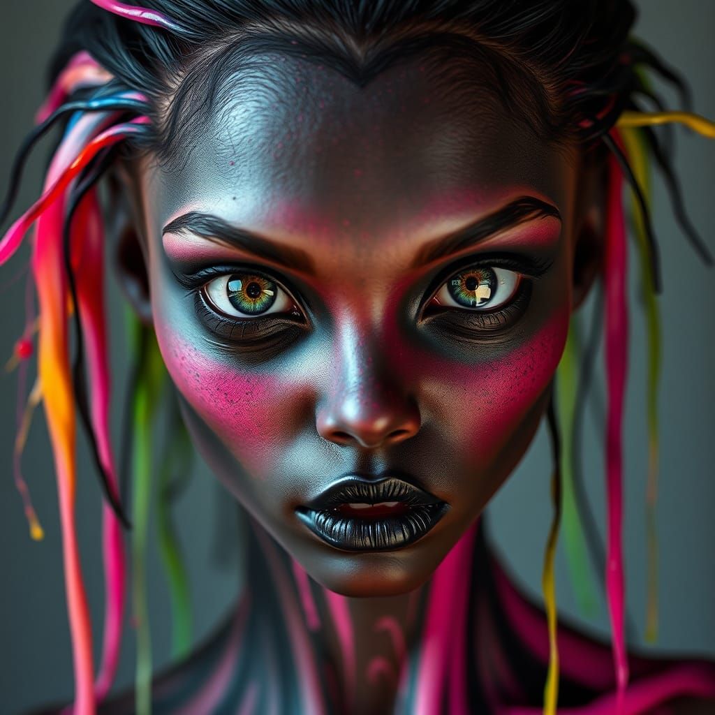 Alien Beauty with Ink Hair, Hyperrealistic Digital Art