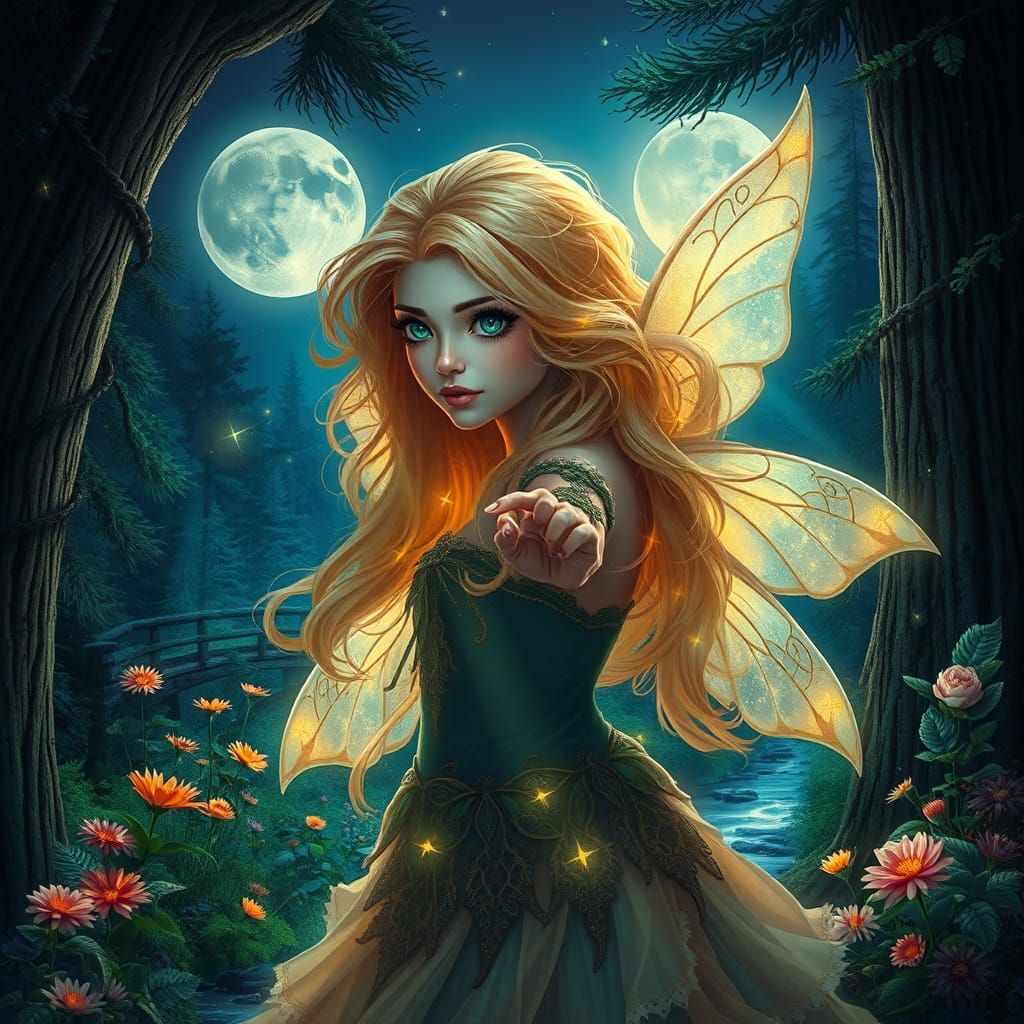 Surreal Fairy Dancing Under Twin Moons in Vibrant Celestial ...