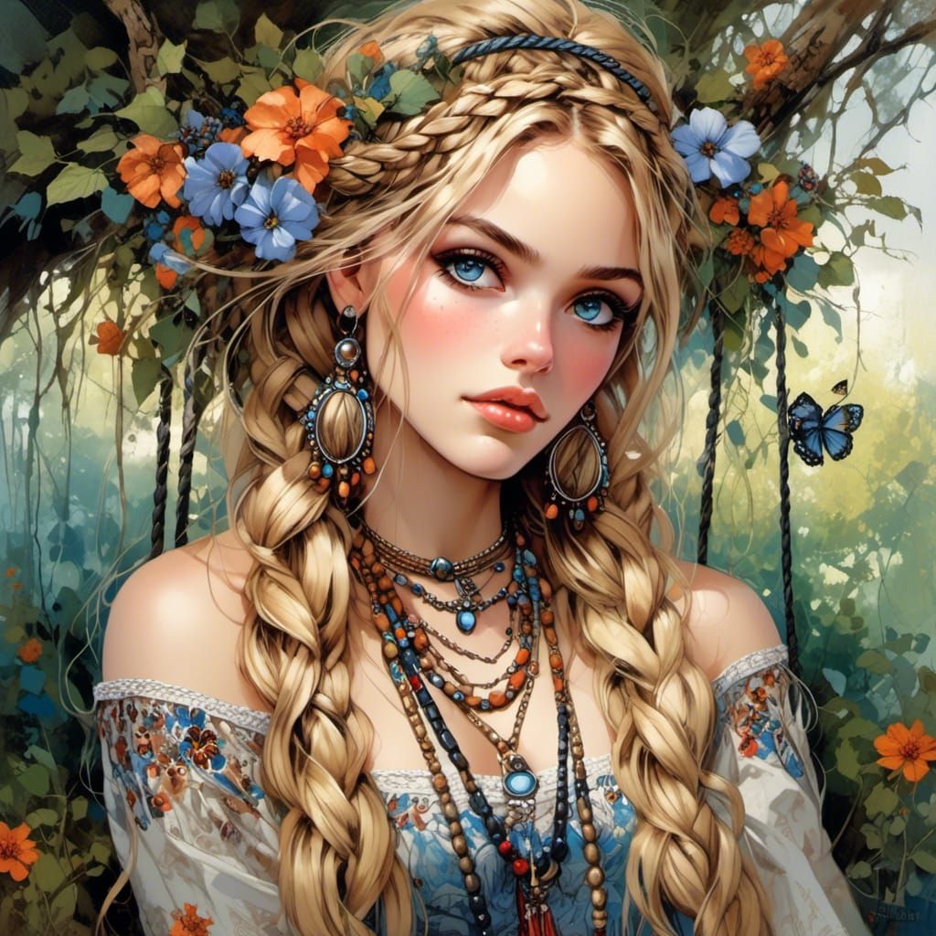 Blonde Braided Woman on Garden Swing: Painted Art