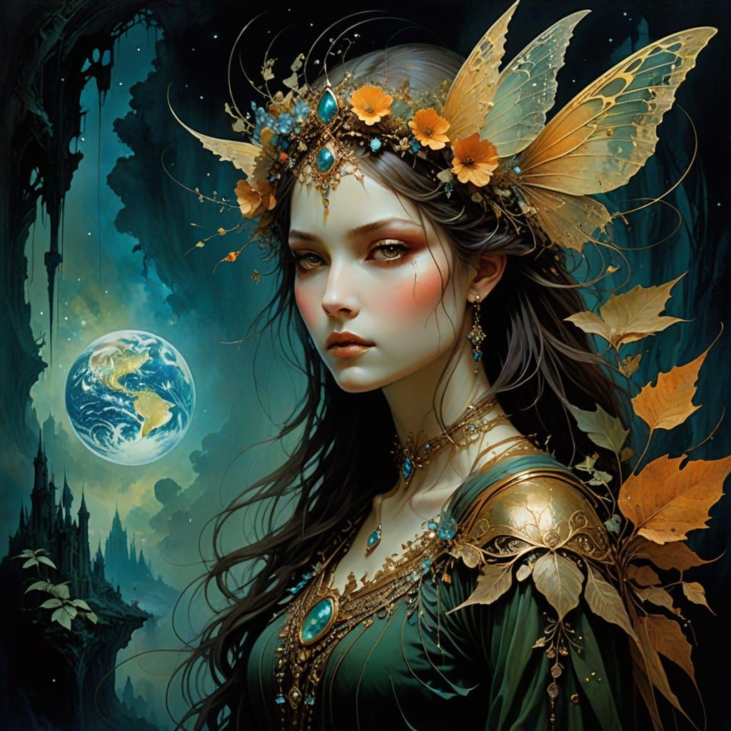 earth tones, Fairy in the style of Anne Bachelier, Karol Bak...