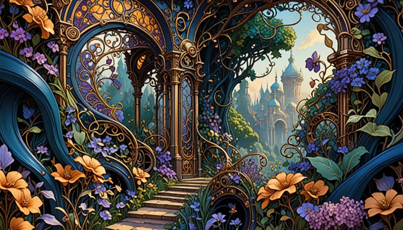 Steampunk Garden of Whimsy in Art Nouveau Style
