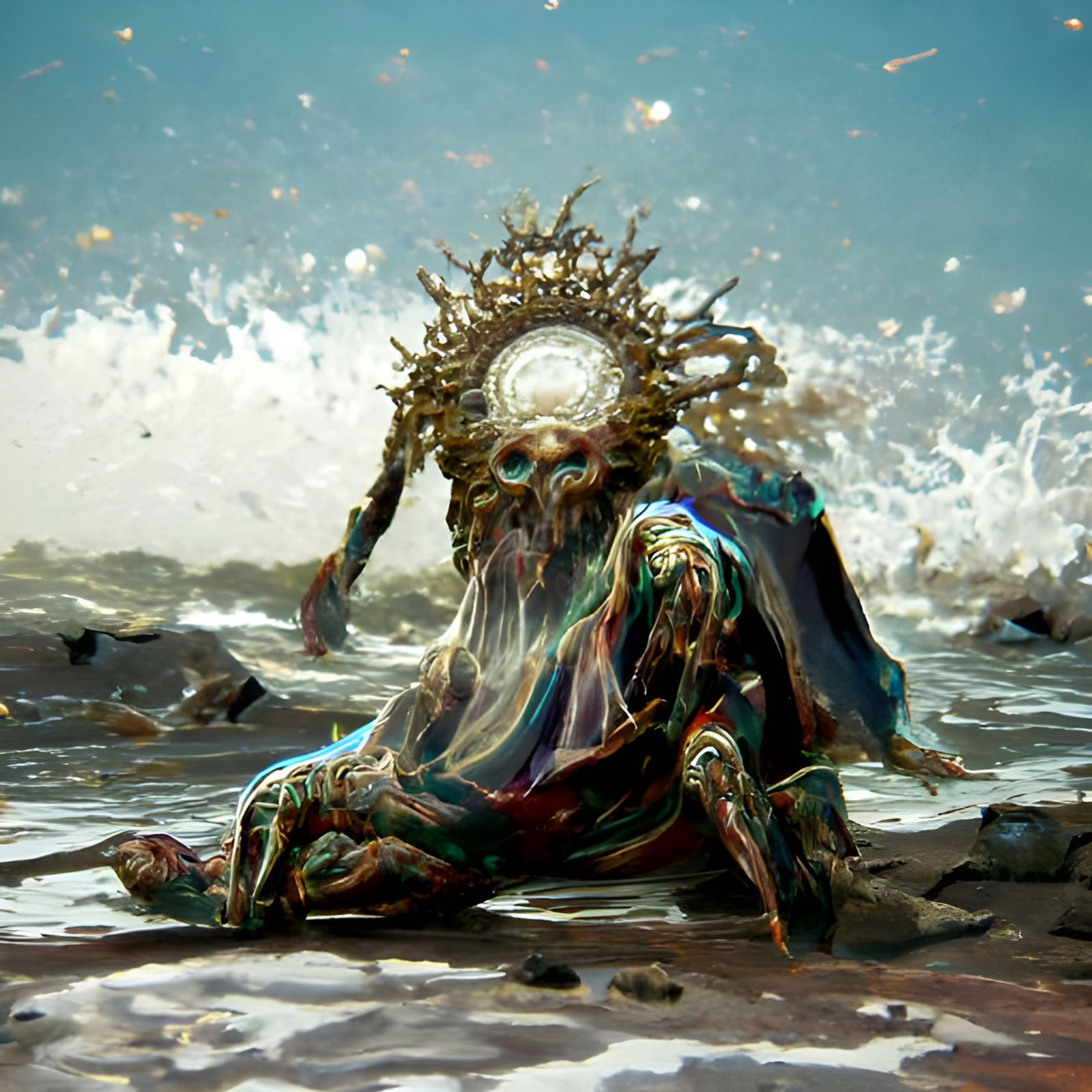 Cosmic God Washed Ashore: Mixed Media Illustration