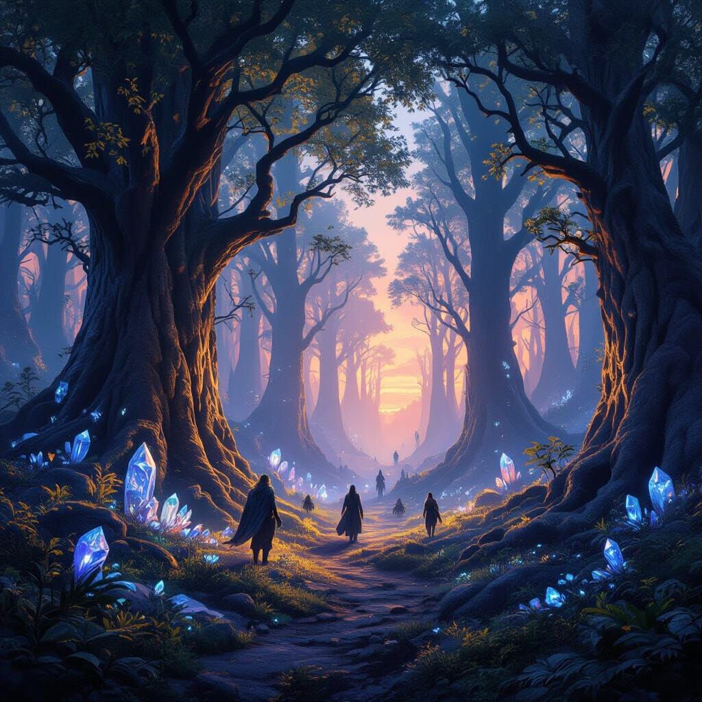 Glowing Crystal Forest at Twilight: Fantasy Landscape