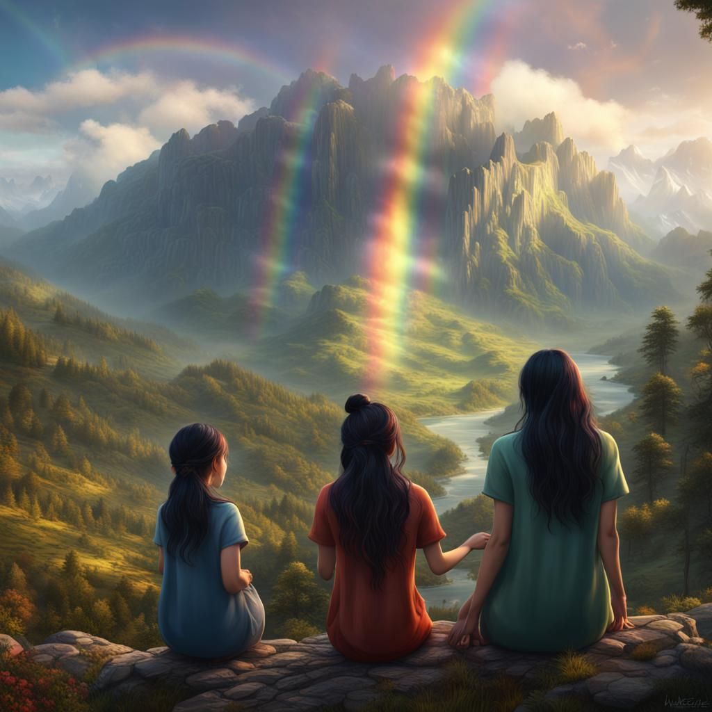 Family Gazing at Rainbow: Fantasy Matte Painting