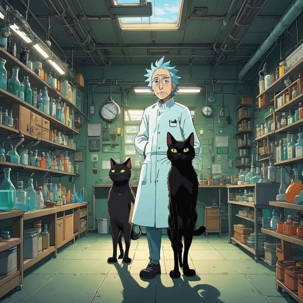 Rick Sanchez and Cat in Ghibli Anime Style