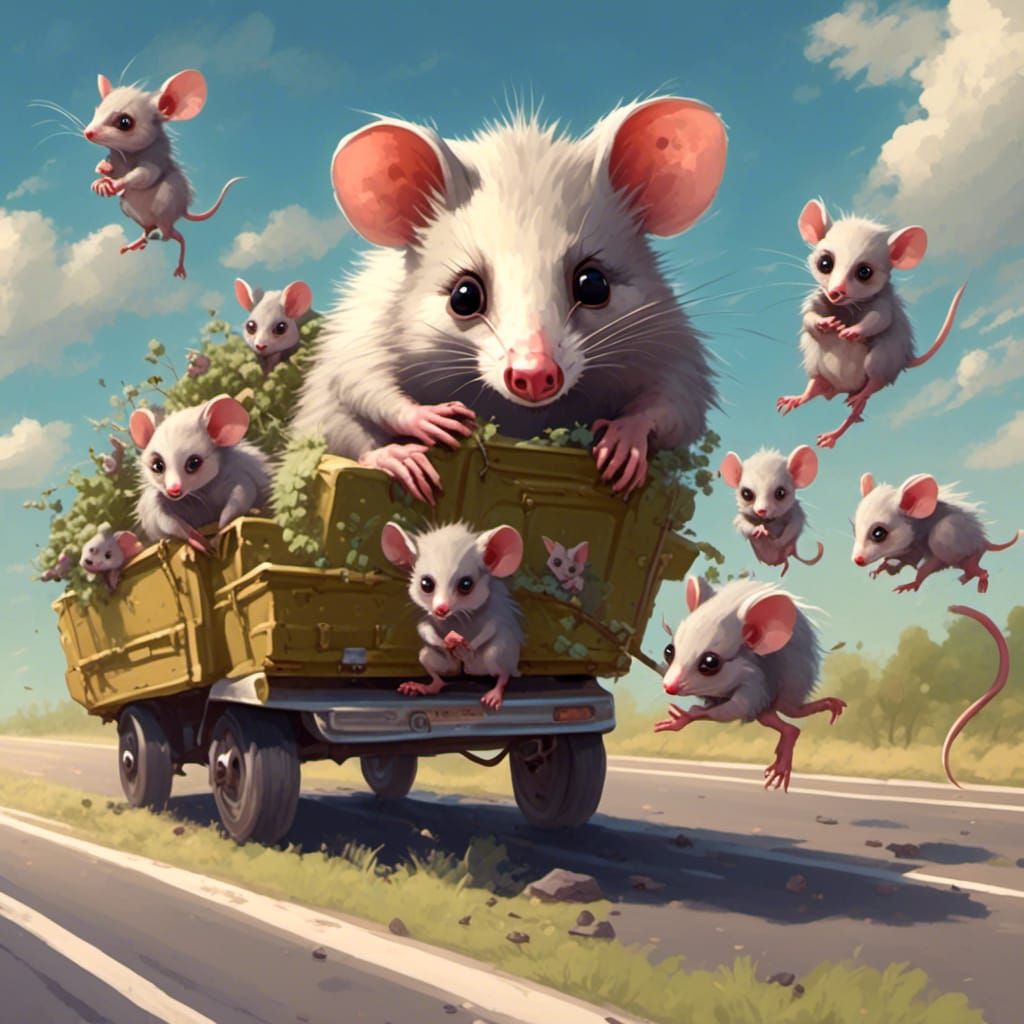 A mother possum carrying 6 baby possums on her back as she walks across a highway.