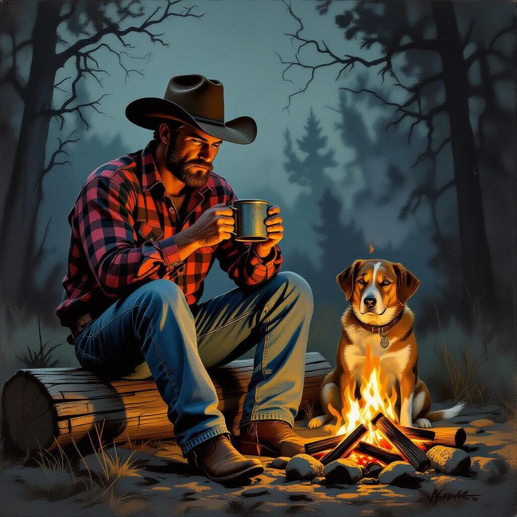 Vintage Cowboy by Campfire in Rutkowski Style