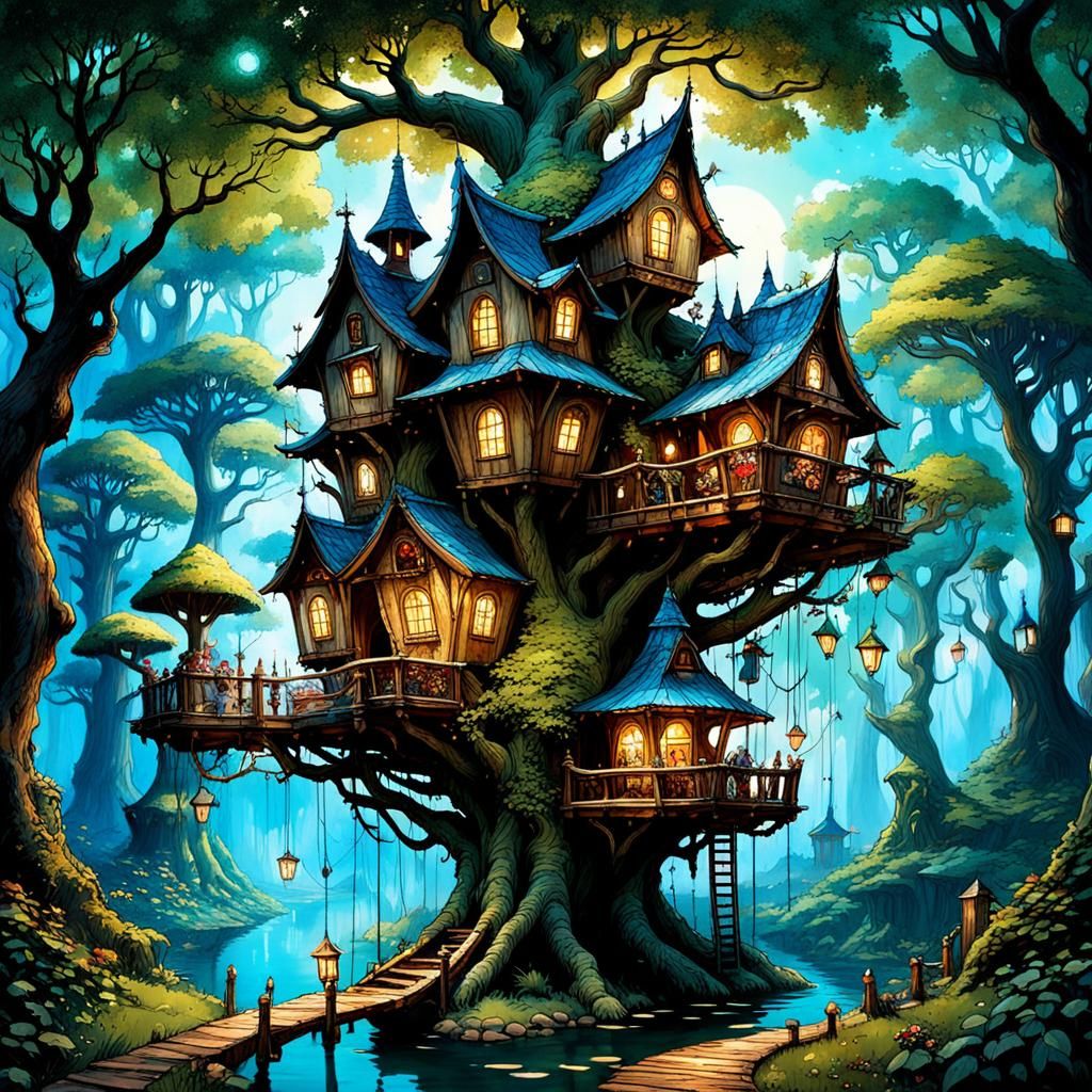 Baroque Elven Paradise: Treehouse Villages in Mystical Light