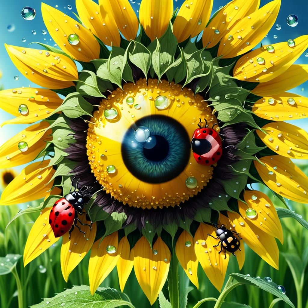 Surreal Sunflower Eye with Ladybug and Dew