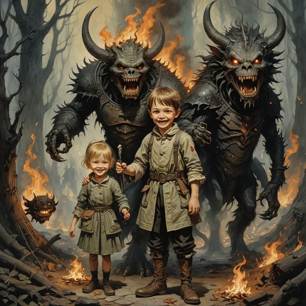 Children Escape Fire-Breathing Monsters in Dark Fantasy Art