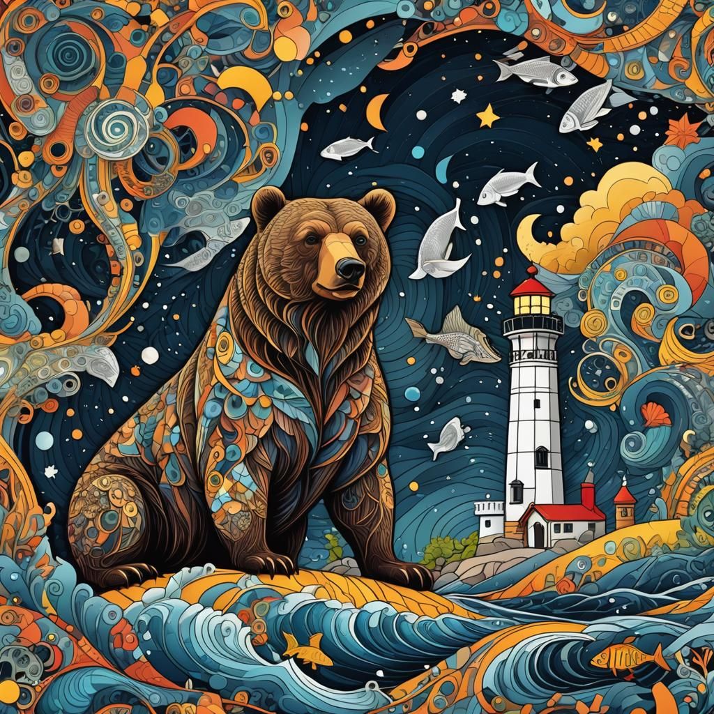 Big Bear Guarding Lighthouse in Abstract Fractal Style