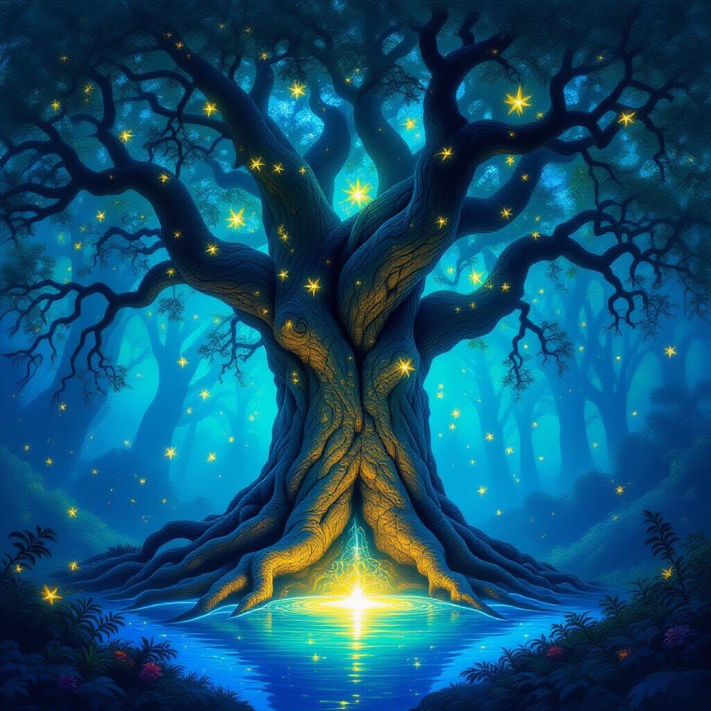 Ancient Tree of Wishes in Bioluminescent Forest