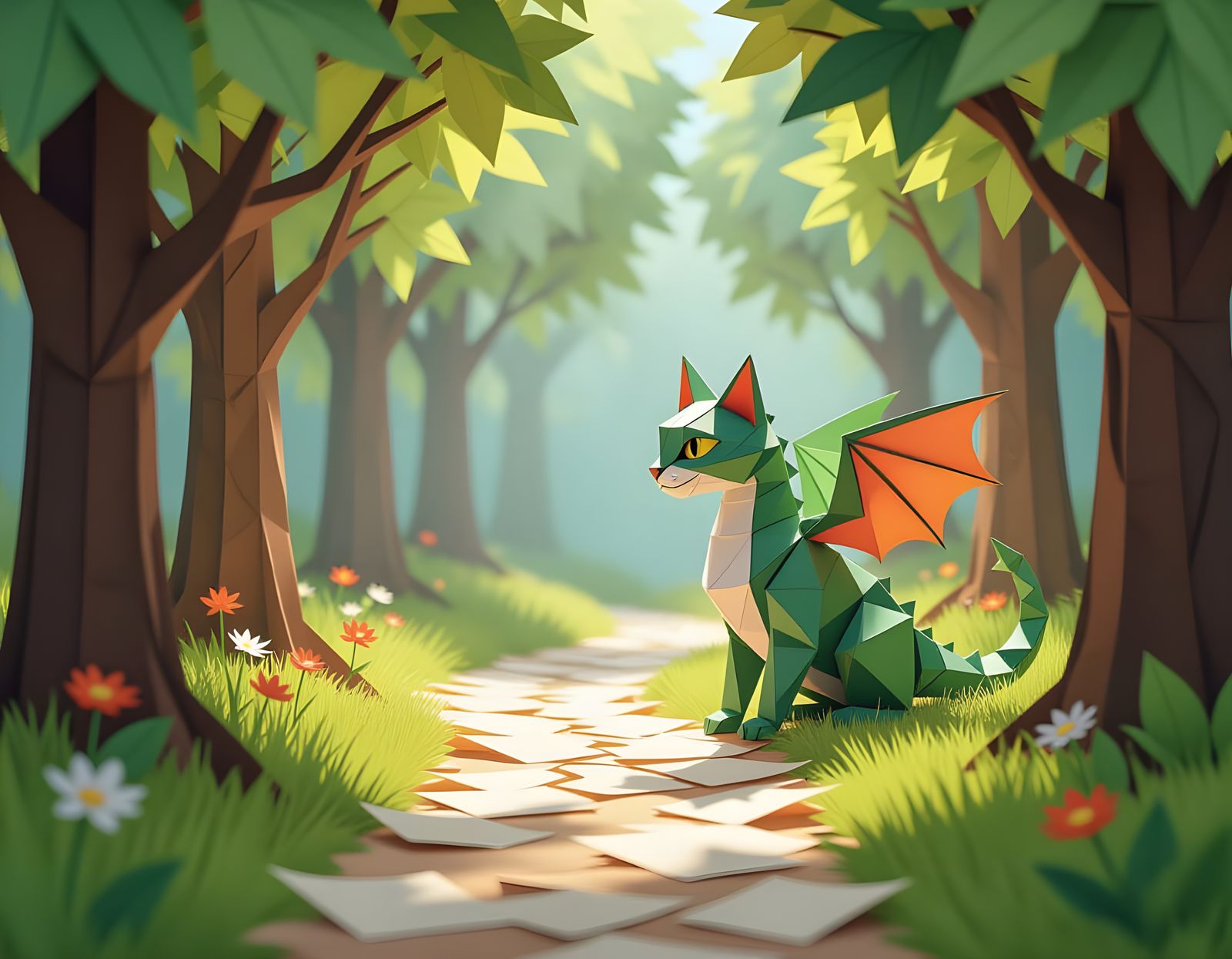 Origami Dragon-Cat Explores a Paper Forest