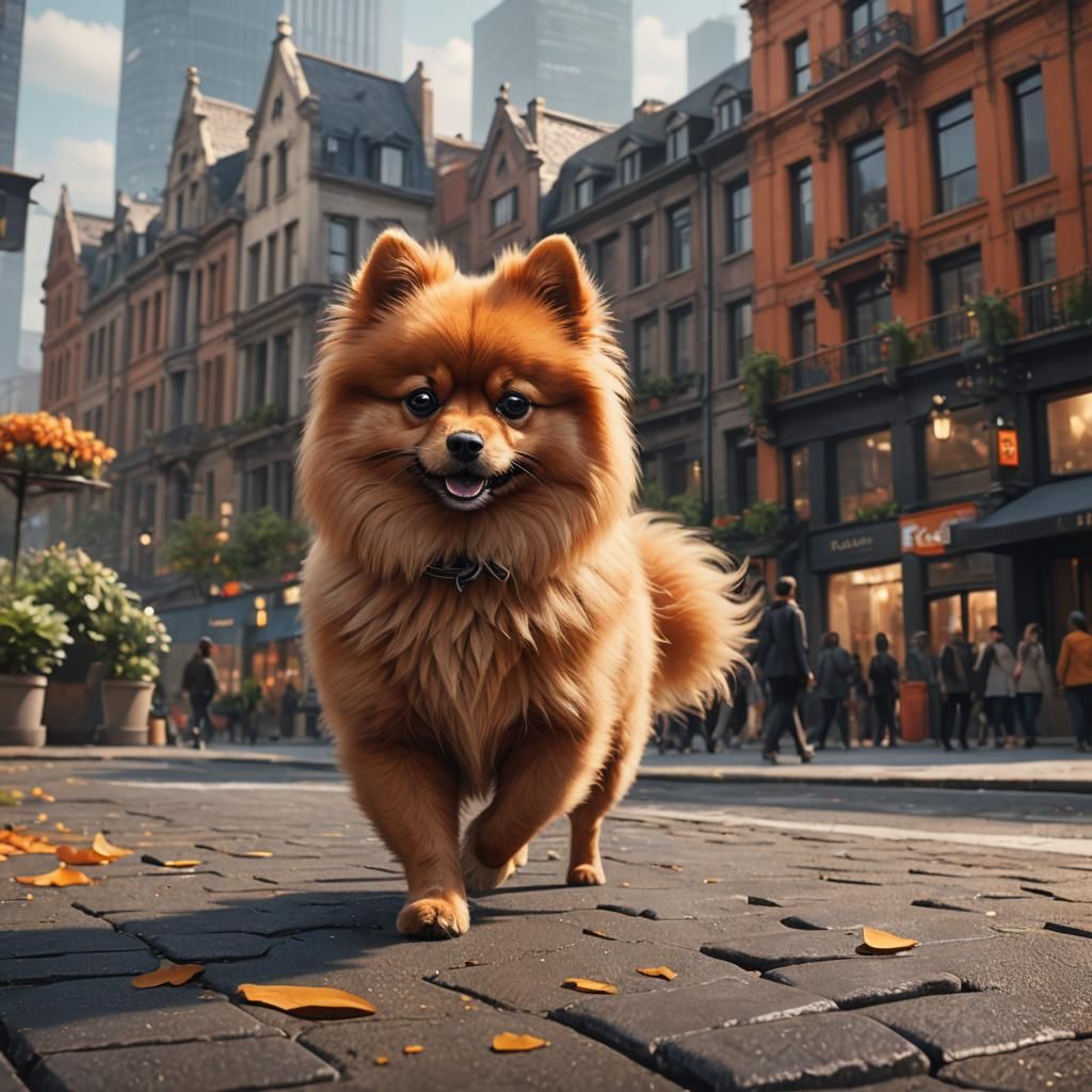 Pomeranian Dog Walking in a Modern City
