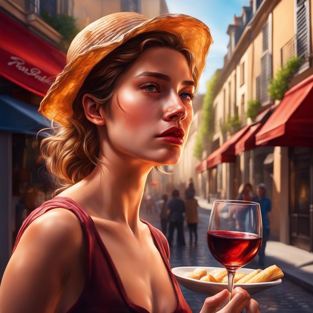 French Lady with Baguette: Hyperrealistic Splash Art