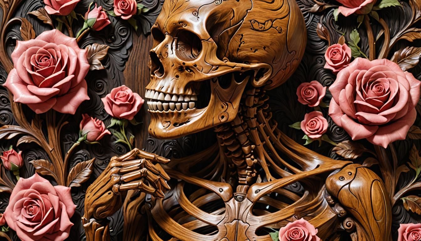 Baroque Wood Carving: Skeleton with Rose