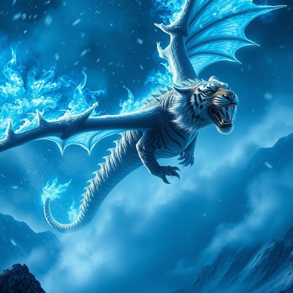 Striped Dragon Soaring Through Icy Storm