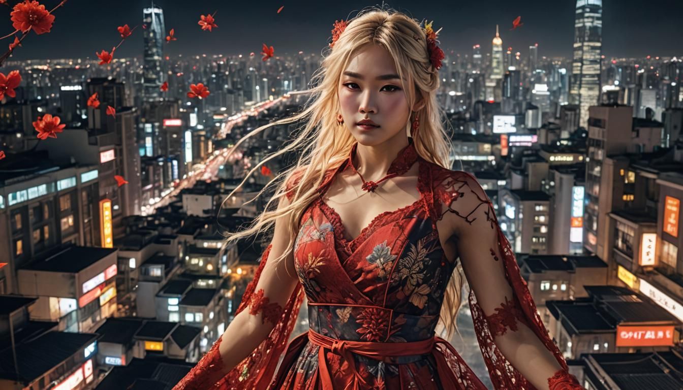 Wuxia Girl in Red Dress, Intricate Cityscape