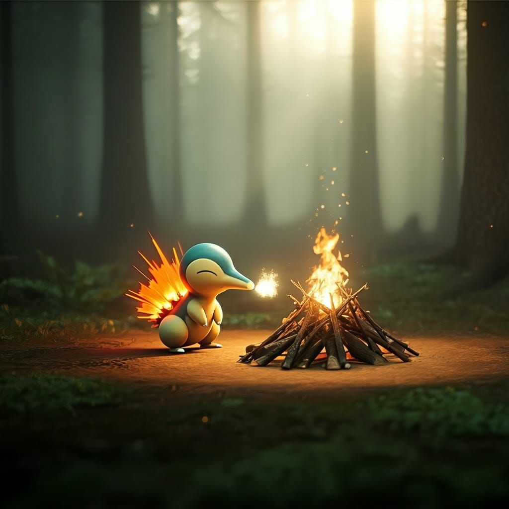 Flaming Forest Campsite in Whimsical Fantasy Style