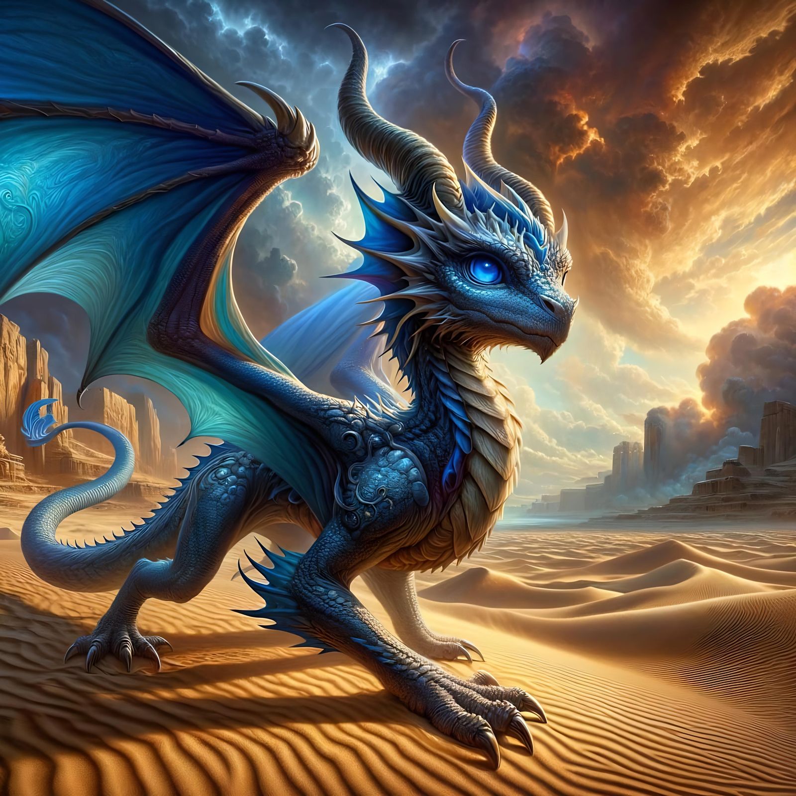 Blue Dragon Wyrmling in Arid Desert Landscape
