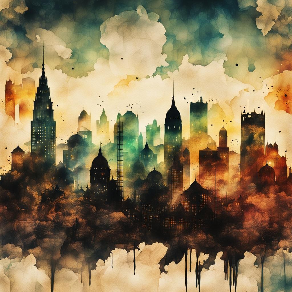 City Skyline Double Exposure in Ink Painting Style