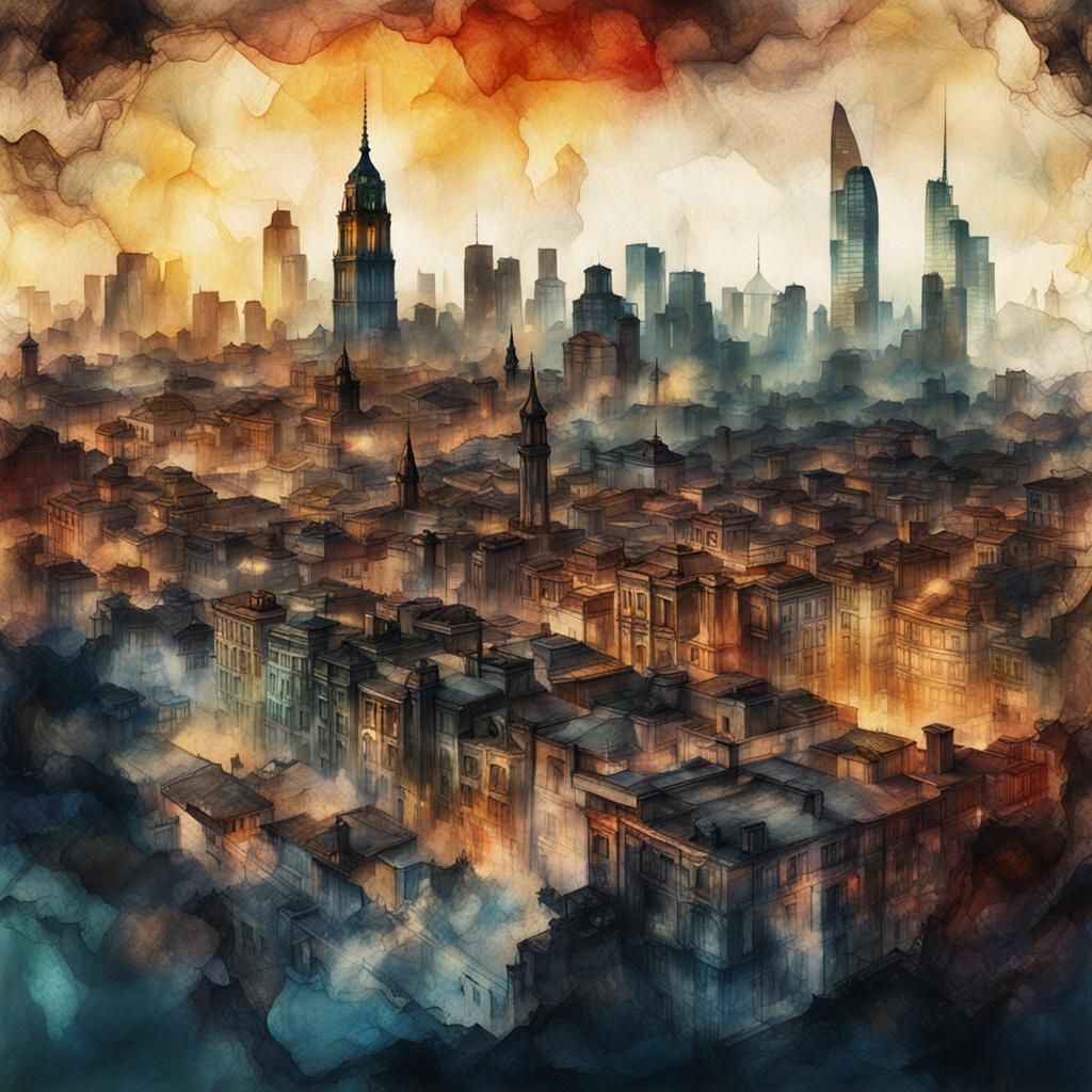 City Skyline Double Exposure in Ink Painting Style