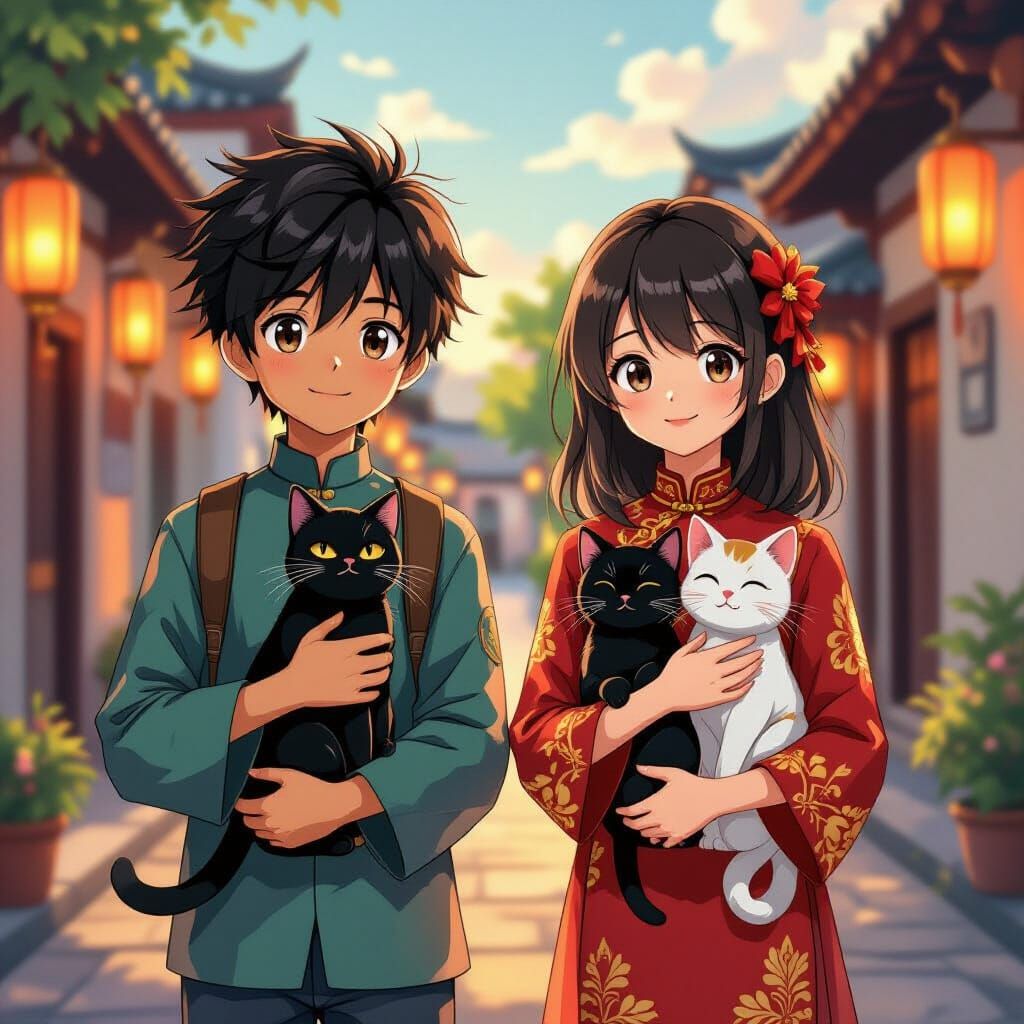 Anime Couple with Cats in Vibrant Vietnamese Style