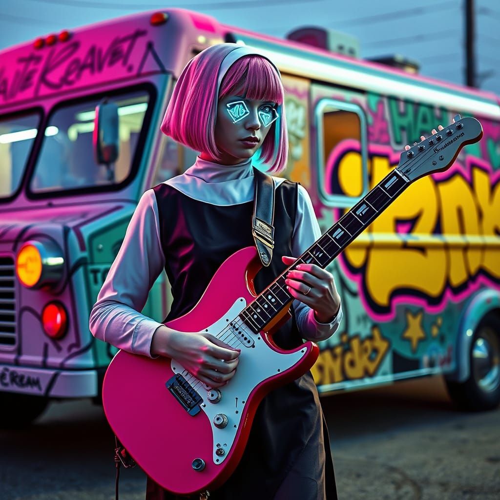 Futuristic Nun Plays Guitar by Ice Cream Truck