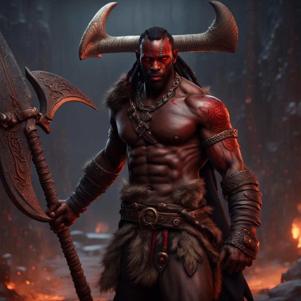 Tiefling Barbarian Viking with Scimitar, Fantasy Art