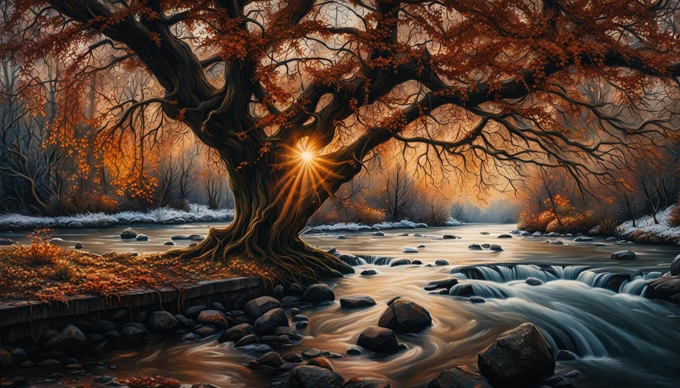 Hyperrealistic Winter Riverscape in Graffiti Art Style