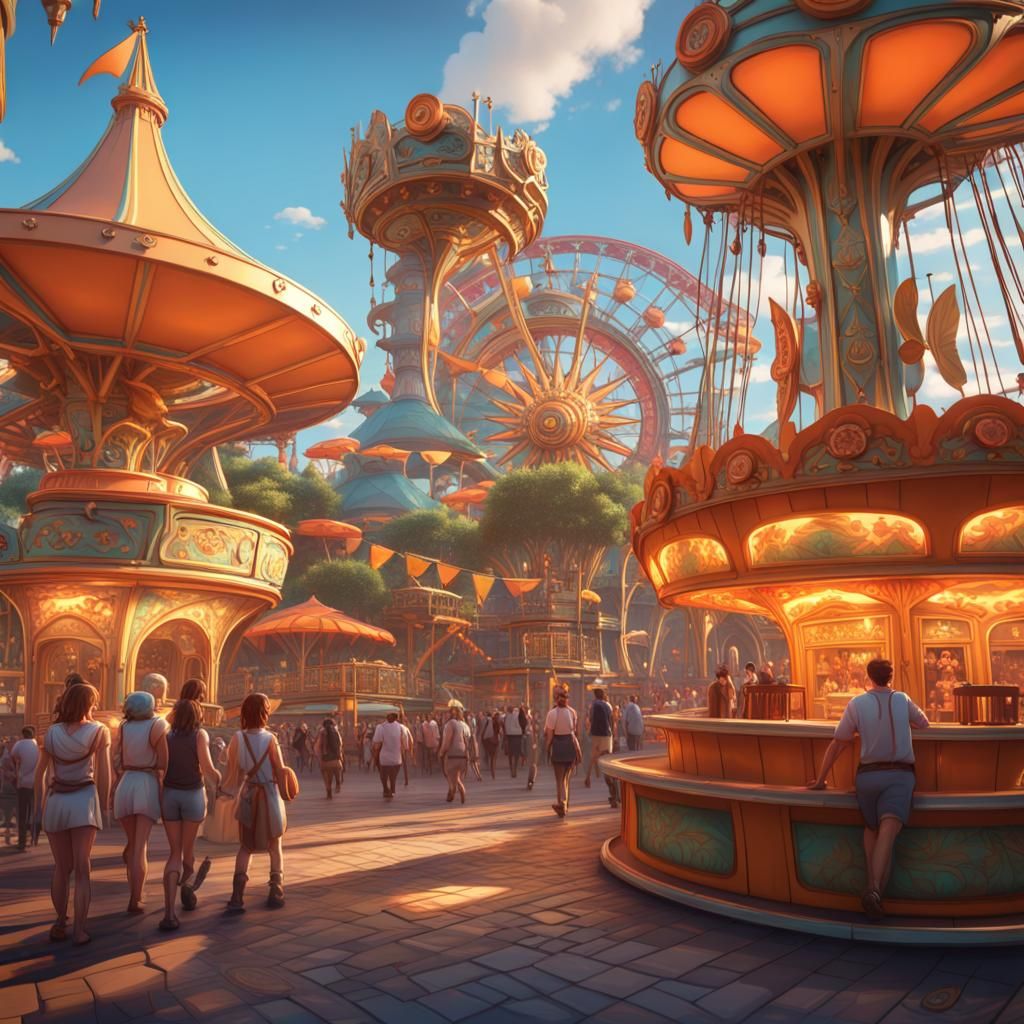 Hyperdetailed Theme Park Concept Art in Orange and Teal
