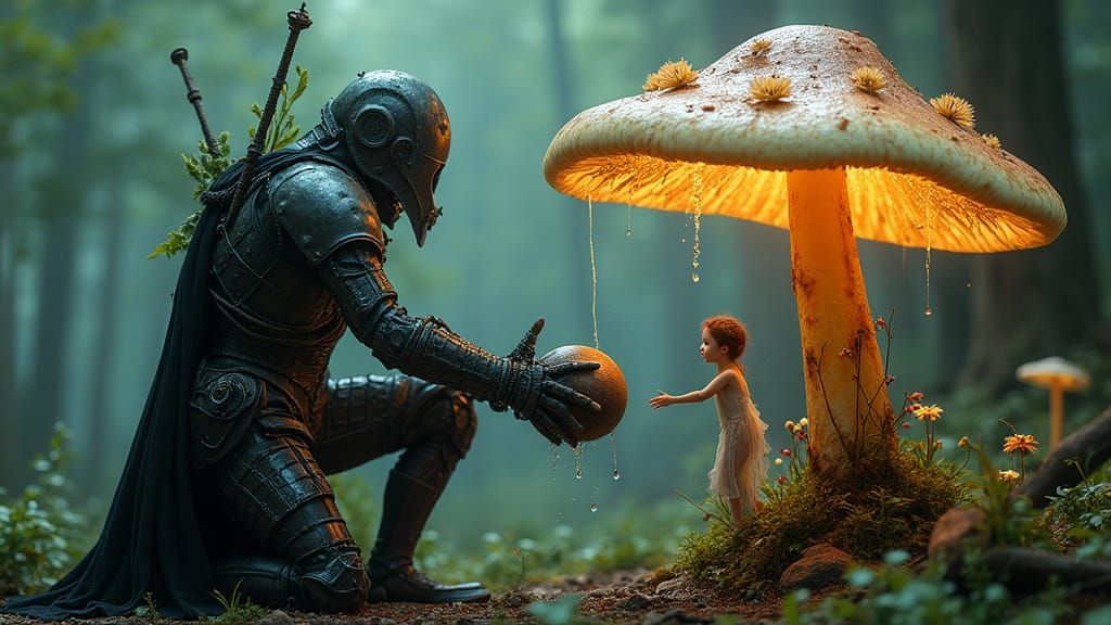 Gothic Warrior Offering Water to Sprite in Bioluminescent Gr...