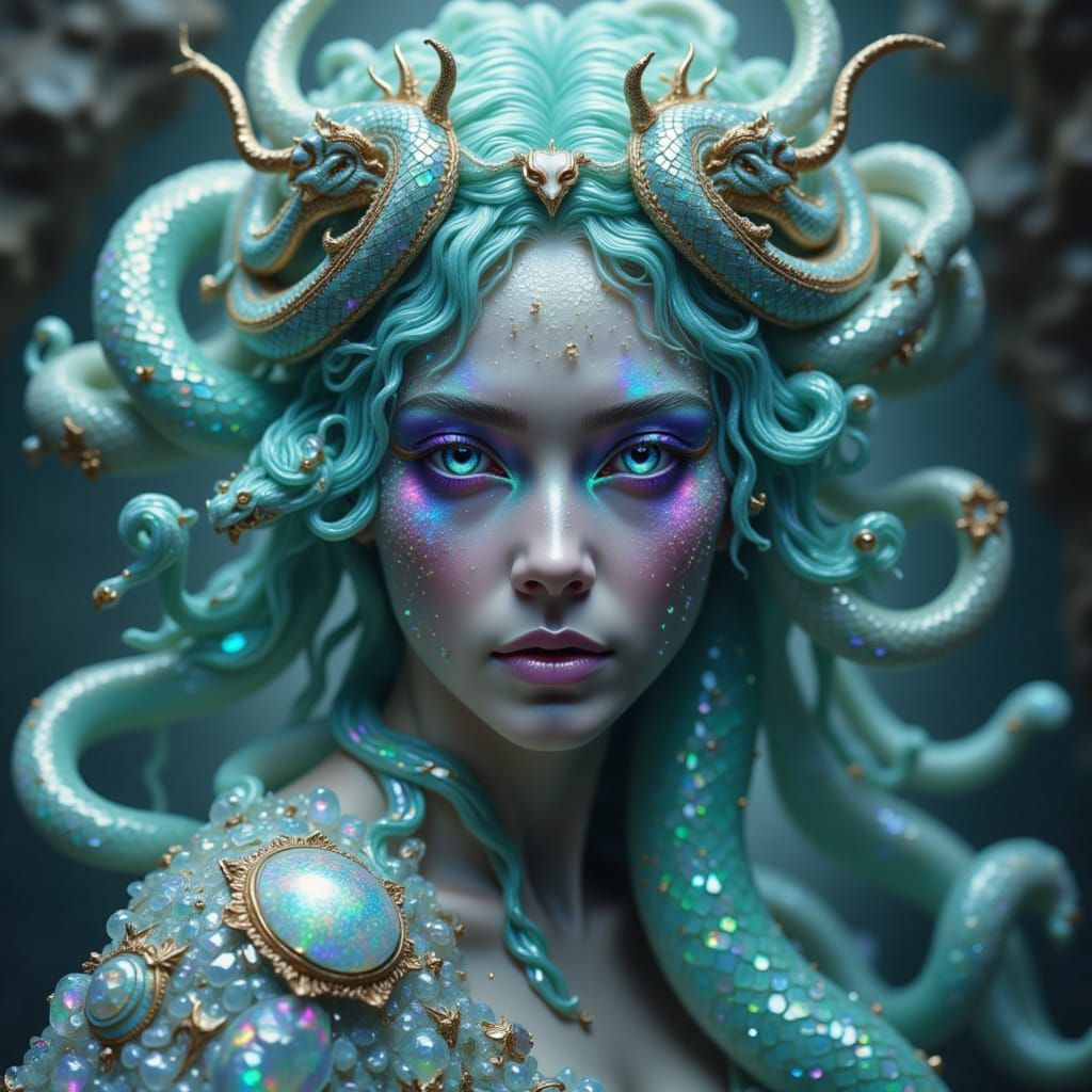 Opal Medusa with Marble Snake Hair in Cavern